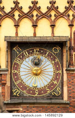 Astronomical clock on the Old Town Hall on Market Square in the Old Town of Wroclaw - Poland.