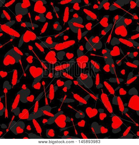 Many hearts, arrows and feather. Different size. Seamless pattern