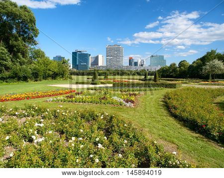 Office buildings in Danube City Vienna Austria. Wide angle shot