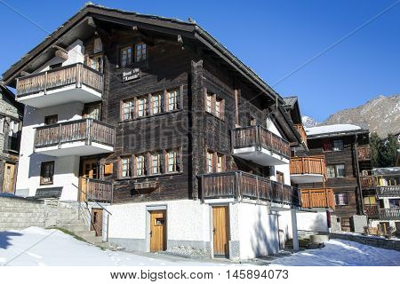 SWITZERLAND, SAAS-FEE, DECEMBER, 26, 2015 - Old wooden house built in 1758, in the charming Swiss resort of Saas-Fee, Switzerland