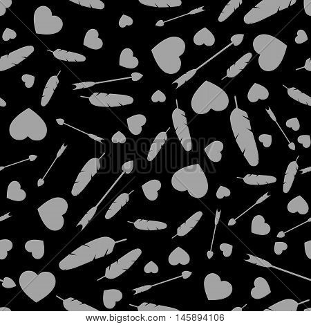 Many hearts, arrows and feather. Different size. Seamless pattern