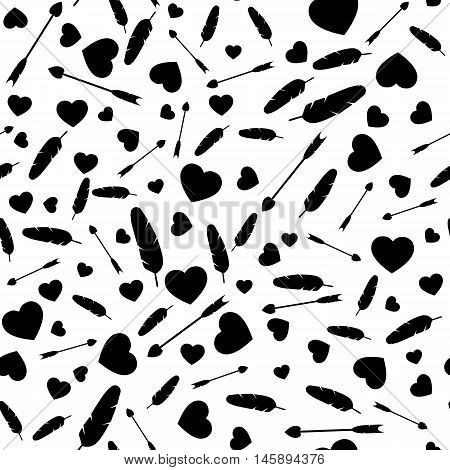 Many hearts, arrows and feather. Different size. Seamless pattern