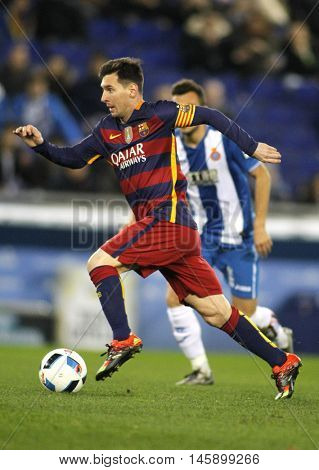 BARCELONA, SPAIN - JAN, 13: Leo Messi of FC Barcelona during a Spanish Kings Cup match against RCD Espanyol at the Power8 stadium on January 13, 2016 in Barcelona, Spain