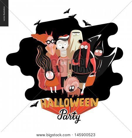 Halloween Party card with lettering. Vector cartoon illustrated group of kids wearing Halloween costumes and a french bulldog, scared by something.