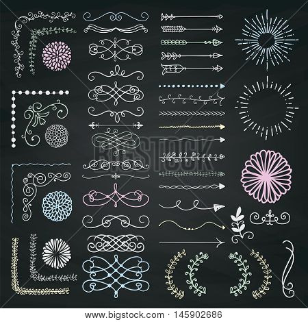Set of Hand Drawn Doodle Design Elements. Rustic Decorative Line Borders, Dividers, Arrows, Swirls, Scrolls, Ribbons, Banners, Frames Corners Objects on Chalkboard Taxture. Vector Illustration