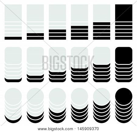 Vertical Progress, Level Indicators. Symbols To Show Progression, Steps, Phases. Square, Rounded Squ