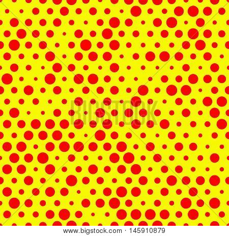 Dotted Repeatable Popart Like Duotone Pattern. Speckled Red Yellow Pointillist Background. Seamlessl