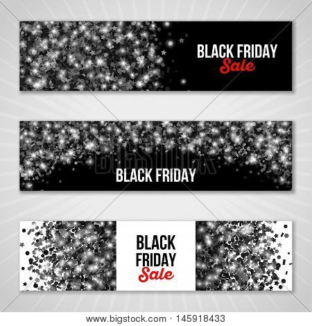 Set of Horizontal Black Friday Sale Banners. Vector illustration. Shimmer Confetti on Dark Background.
