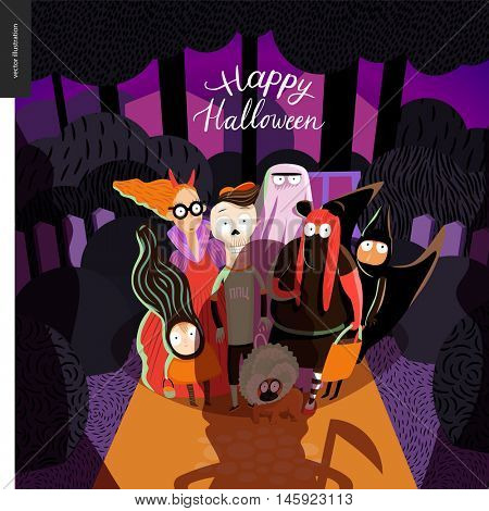 Happy Halloween greeting card with lettering. Vector cartoon illustrated group of kids wearing Halloween costumes and a french bulldog, scared by old lady opened the door.