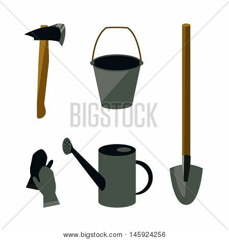 flat icons set garden tools, a collection vector illustrations: a shovel, a hatchet, a water bucket, watering can for watering plants, gloves.