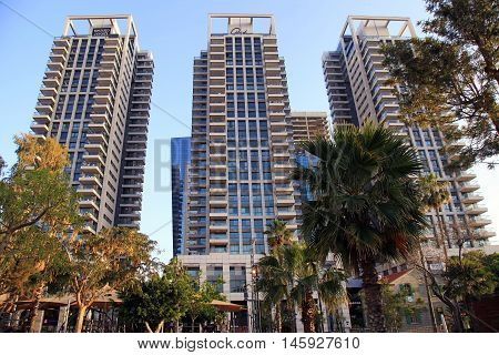 TEL AVIV, ISRAEL - APRIL 7, 2016 : Sarona Market area near Gindi buildings in Tel Aviv, Israel. Recently open Sarona Market became the most popular place in Tel Aviv.