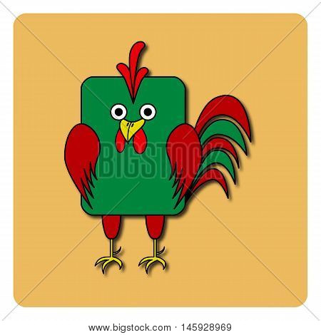 Flat bird design isolated on color background. Rounded rectangle green and red rooster (cock). Funny cartoon bird. Abstract bird logo icon emblem symbol. Vector illustration.