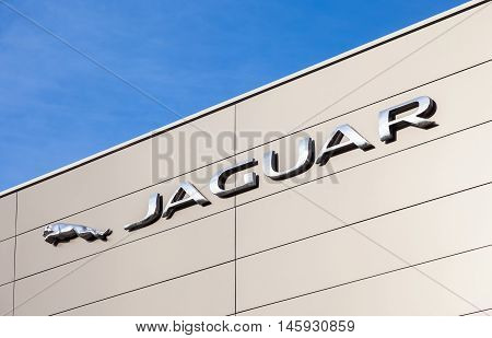 SAMARA RUSSIA - AUGUST 27 2016: Jaguar dealership sign. Jaguar is a brand of the British car manufacturer Jaguar Land Rover