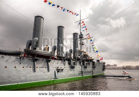 ST. PETERSBURG RUSSIA - JULY 29 2016: The legendary revolutionary cruiser Aurora at the place of eternal parking on the Petrograd embankment