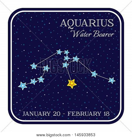 Aquarious zodiac constellation in square frame, cute cartoon style vector illustration isolated on white background. Square horoscope emblem with aquarious constellation, zodiac sign name and month