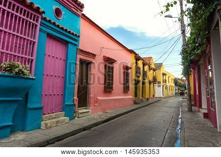Bright and colorful historic colonial architecture in Cartagena Colombia