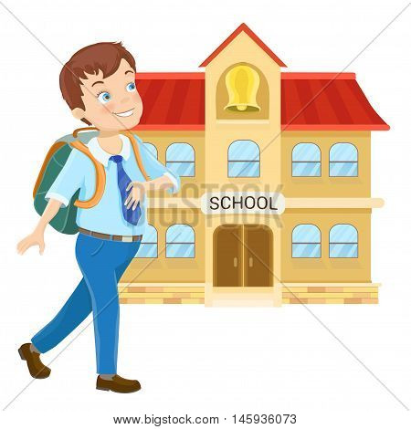 Young boy with backpack walking to school on white. Cartoon vector illustration