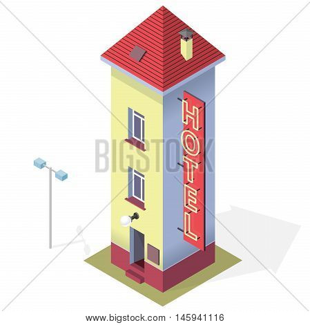 Funny small hotel. Tall and slim hostel. Isometric hotel building with red roof. Funny architecture. High and comical building with chimney. Towering, svelte motel. Isolated master vector illustration