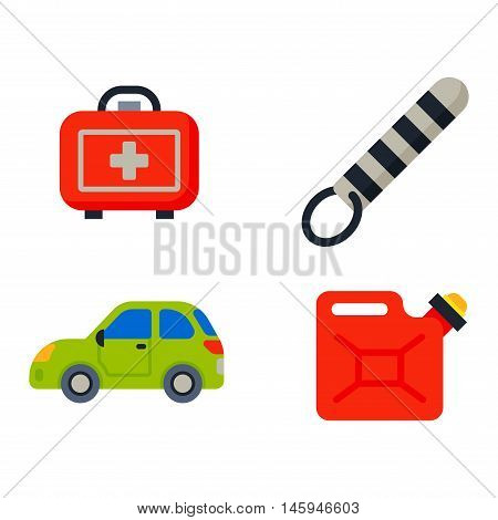 Auto transport motorist icons symbols and equipment auto transport symbols vector. Auto transport service and car driver tools icons high detailed vector set. Motorist driving icons
