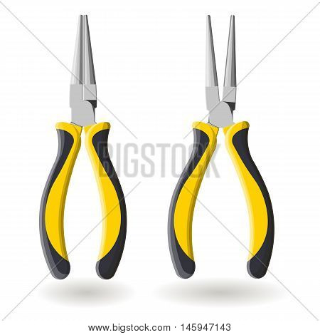 Set Of Two Yellow Round Pliers Isolated On White Background, Realistic Vector Illustration