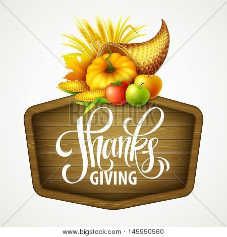 Illustration of a Thanksgiving cornucopia full of harvest fruits and vegetables. Fall greeting design. Autumn harvest celebration. Pumpkin and leaves. Vector illustration EPS10