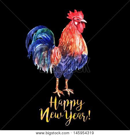 Watercolor color fire cock on black background with yellow text Happy New Year!. Chinese calendar Zodiac for 2017 New Year of rooster. Isolated bird and text in watercolor.