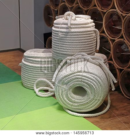 Thick New White Ropes Rolled in Coils
