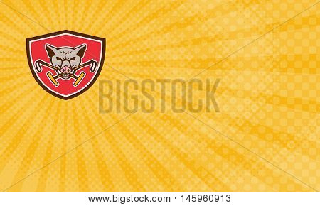 from front set inside shield crest on isolated background done in retro style. Business Card showing Illustration of an angry wild pig hog head biting crossed polo mallet viewed