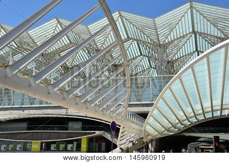 LISBON, PORTUGAL - AUG 21: Lisbon Oriente Station in Portugal, as seen on Aug 21, 2016. It is one of the main Portuguese intermodal transport hubs and one of the worlds largest rail stations.