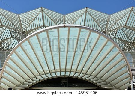LISBON, PORTUGAL - AUG 21: Lisbon Oriente Station in Portugal, as seen on Aug 21, 2016. It is one of the main Portuguese intermodal transport hubs and one of the worlds largest rail stations.