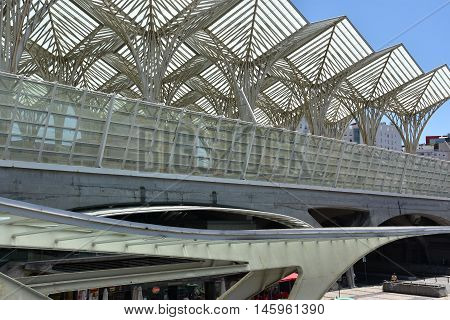 LISBON, PORTUGAL - AUG 21: Lisbon Oriente Station in Portugal, as seen on Aug 21, 2016. It is one of the main Portuguese intermodal transport hubs and one of the worlds largest rail stations.