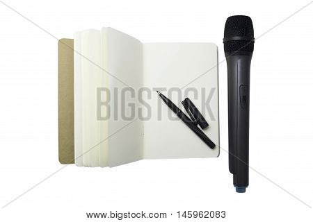 Record books with microphone on white background