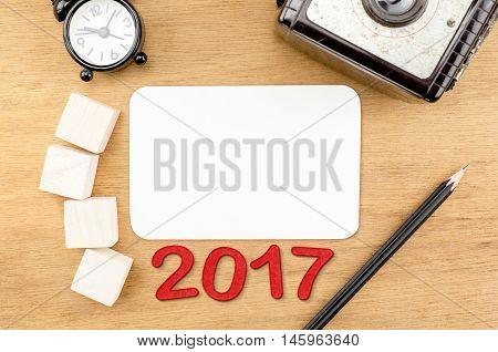 Wooden Table Top With Blank Paper Card,alarm Clock,wood Cube Pencil And Vintage Camera, Template Moc
