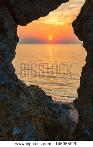 Sunset over the Sea of Azov on Generals beach. Karalar regional landscape park in the Crimea.