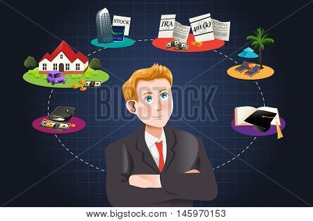 A vector illustration of a man thinking about future financial plan