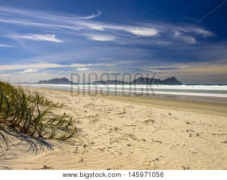 White Sand Beach With Beautiful Blue Sky At Waipu, New Zealand