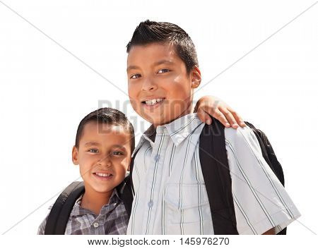 Young Hispanic Student Brothers Wearing Their Backpacks Isolated on a White Background.