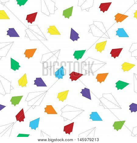 Cute funny seamless background pattern with multicolored planes on the white fond. Vector illustration eps 10