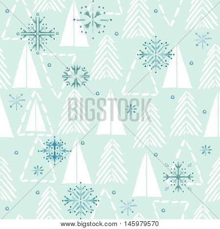 Seamless pattern with winter forest and snowflake. Watercolor winter forest background. Christmas tree pattern.