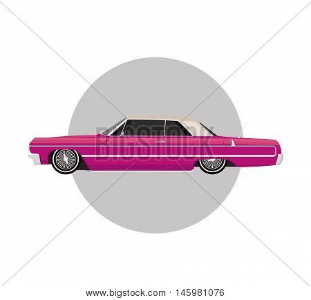 Pink lowrider on gray round background vintage retro car flat vector illustration