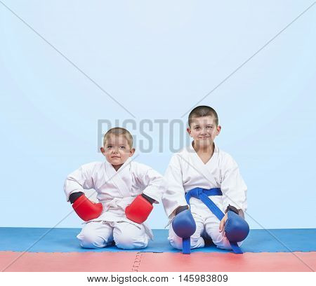 Two brothers athlete sitting on a mats in karate pose