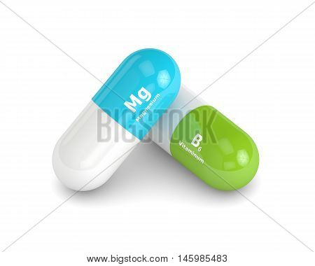 3D Rendering Of Magnesium Nad Vitaminum B6 Pill Over White Background