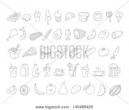 Different food doodles. Lineart hand-drawn elements clip-art for design