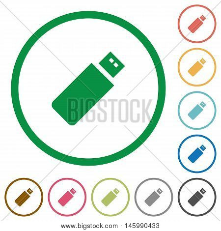 Set of pendrive color round outlined flat icons on white background