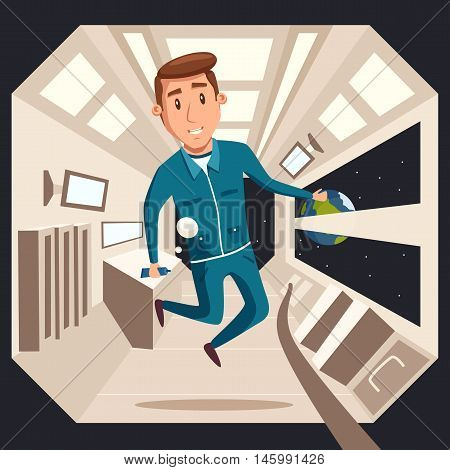 Cosmonaut in zero gravity. Vector cartoon illustration. Astronaut character in flight. Interstellar spaceship. Interior of spacecraft