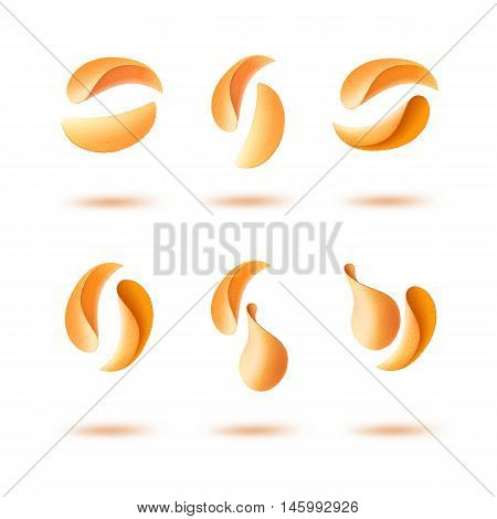 Vector  Set of  Potato Crispy Falling Chips Close up Isolated on White Background