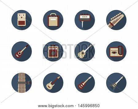 Musical instruments and equipment. Symbols for store of guitar stuff. Tools and accessories for hobby or professional bands. Set of round flat color design vector icons.