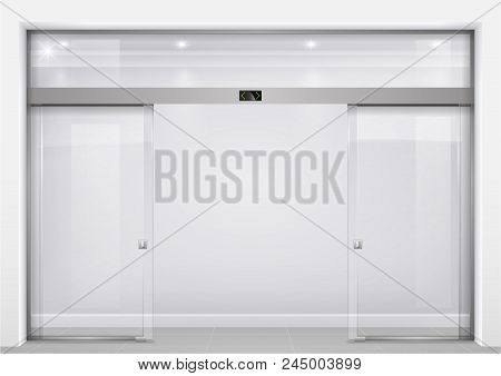 Double Sliding Glass Doors With Automatic Motion Sensor. Entrance To The Office, Train Station, Supe