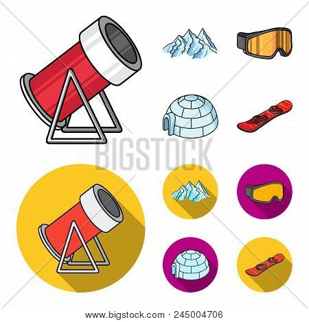 Mountains, Goggles, An Igloo, A Snowboard. Ski Resort Set Collection Icons In Cartoon, Flat Style Ve