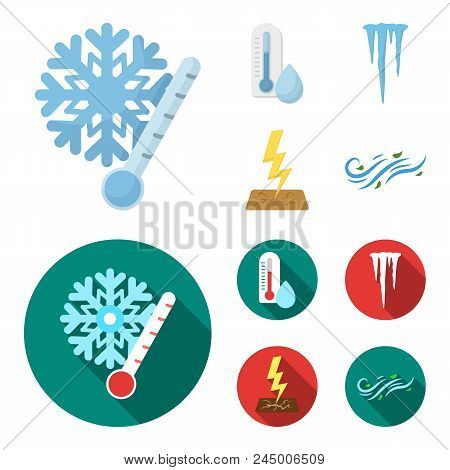 Humidity, Icicles, Thunderbolt, Windy Weather. Weather Set Collection Icons In Cartoon, Flat Style V